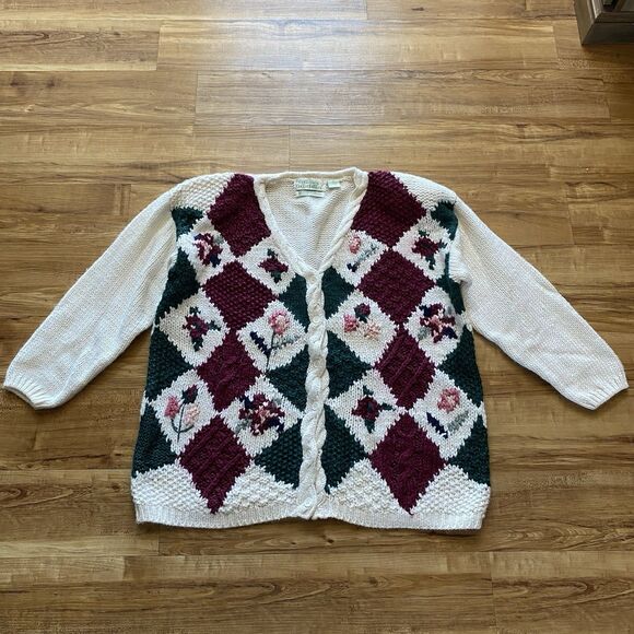 VTG Colleen’s Collectables XL Cream Hand Knit Heavy Sweater Floral Cottagecore* - Picture 1 of 16